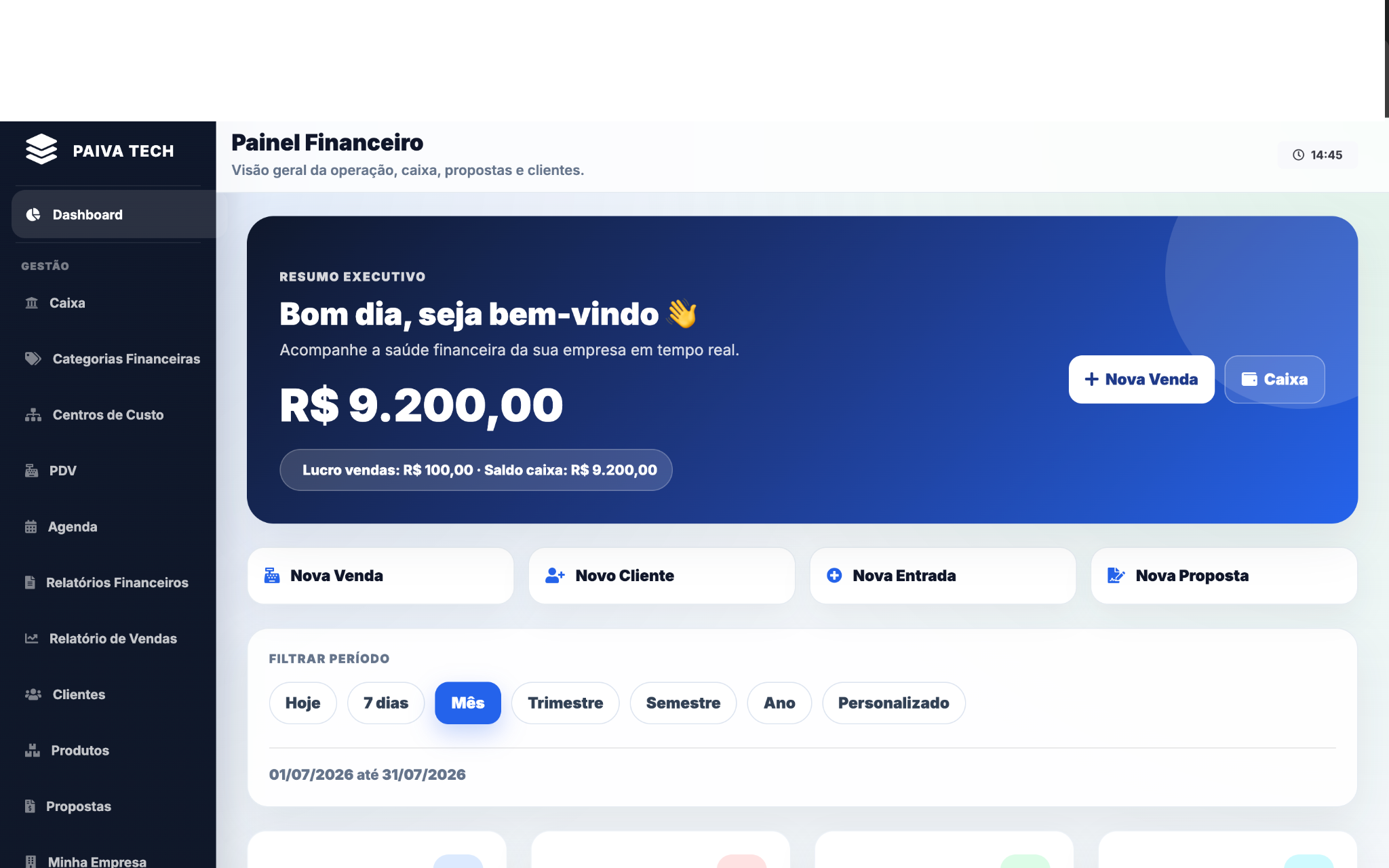 Painel financeiro do Sistema Caixa Paiva Tech